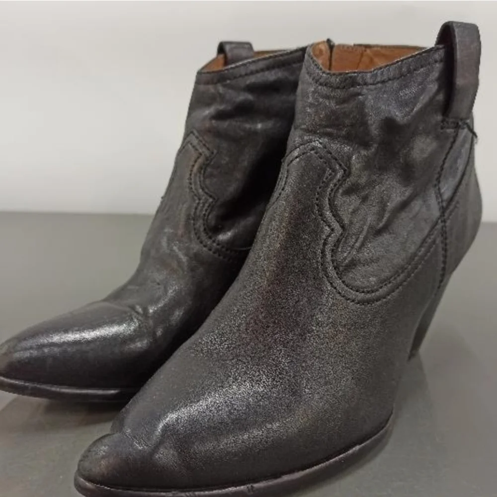 Frye Reina Western Leather Ankle Boots | Stacked Heel 9 - Picture 3 of 7